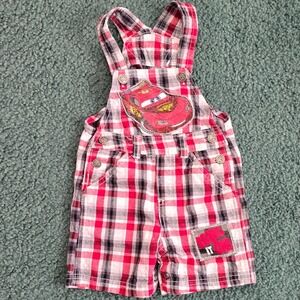 Disney Baby Boy Lightning McQueen Cars Plaid Short Overalls Red Black Vintage